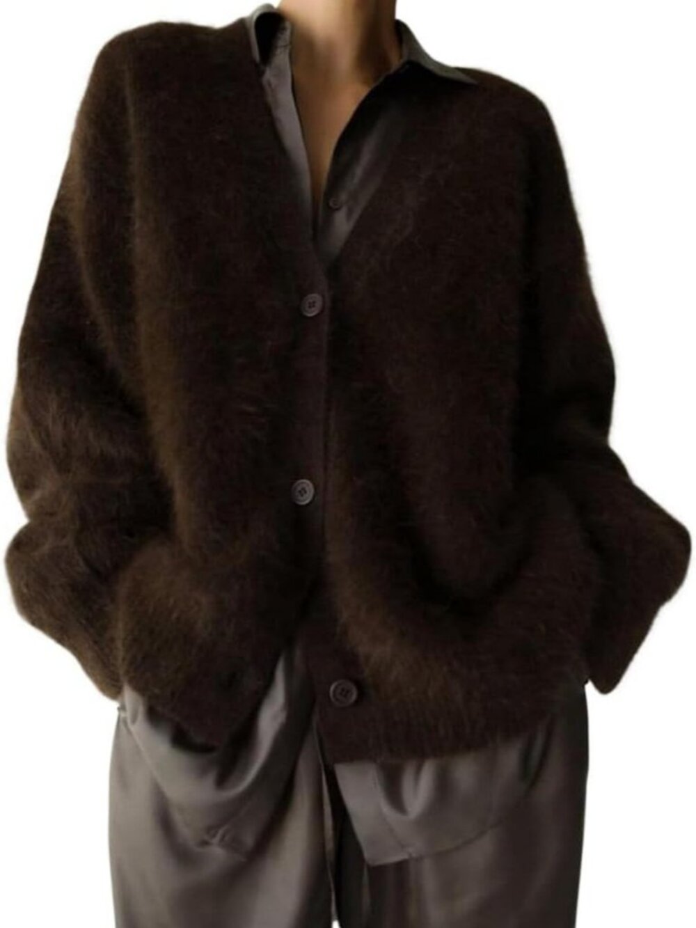 Cozy Oversized V-Neck Fuzzy Cardigan Sweater - Y2K Casual Fall/Winter Style
